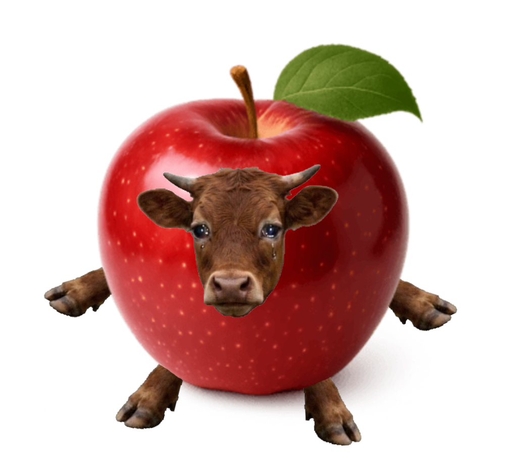 Apple Bull character, a red apple with a small bull face, horns, and hooves